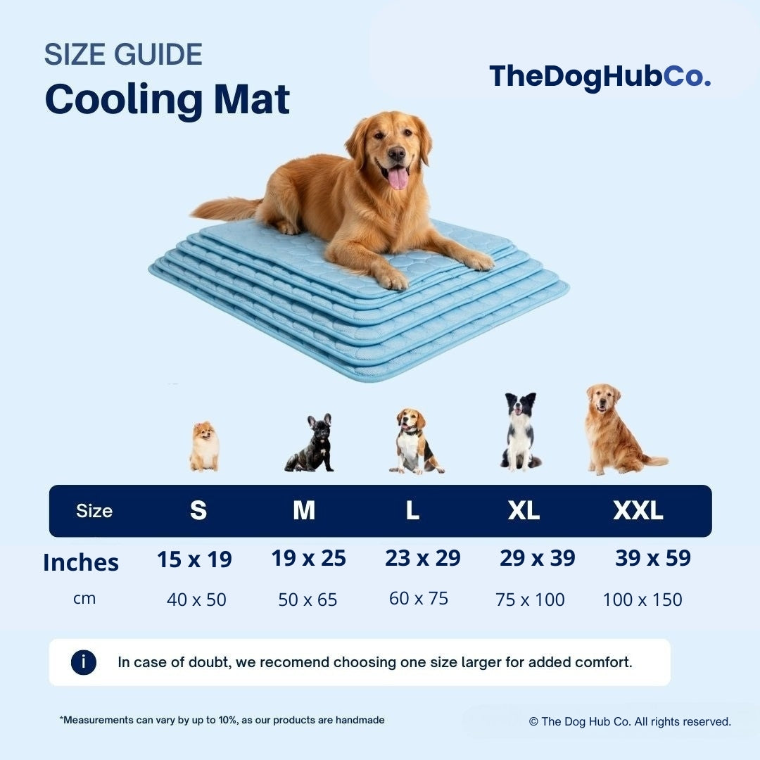 Cooling mat size guide showing S, M, L, XL and XXL measurements